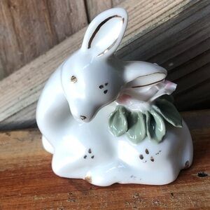 Vintage Porcelain Deer Fawn Figurine in Repose with a Pink Rose & Gilded Accents